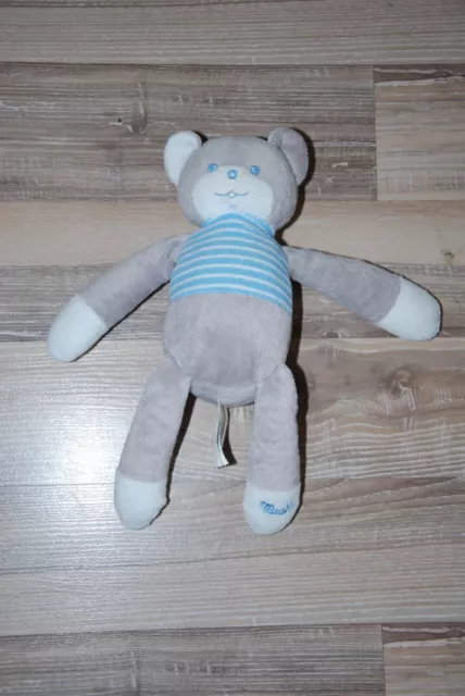 Doudou ours gris blanc bleu rayé Musti Mustela