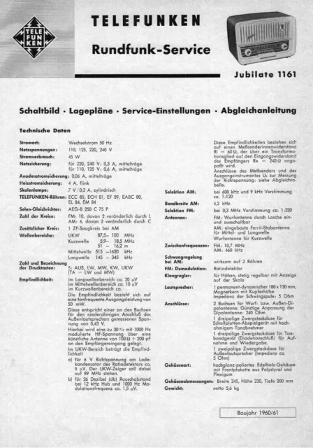 Röhrenradio Service Unterlagen Schaltplan Telefunken Jubilate 1161