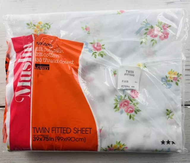 Vintage Montgomery Ward Muslin White Pink Floral Twin Fitted Sheet- Unopened