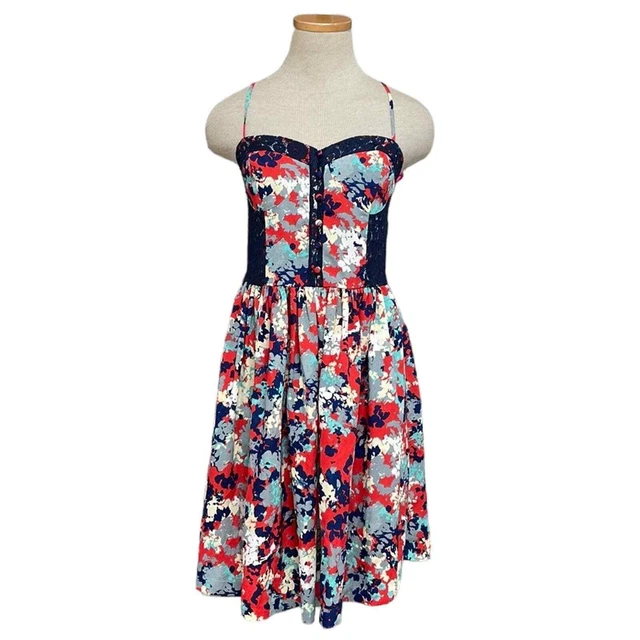 Betsey Johnson Dress Spaghetti Straps Sweetheart Lace Red Blue Floral Size 6
