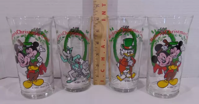 4 Vintage Disney's Mickey's Christmas Carol Coca-Cola Drinking Glasses 1982