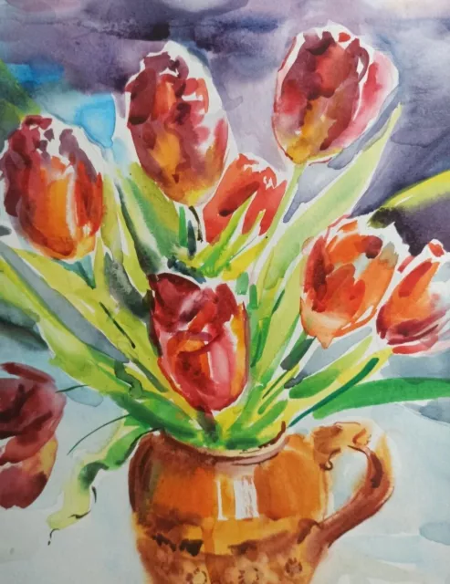 Original Watercolor Painting Flowers Bouquet of Tulips Realism 10.82''/8.26''
