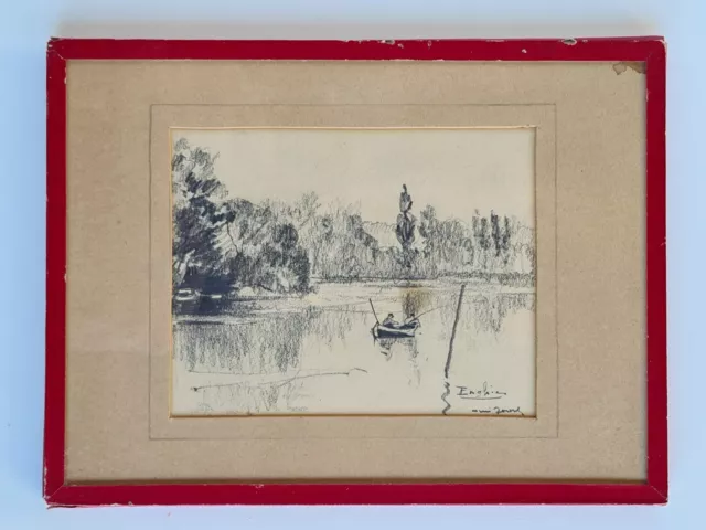 Antiguo Dibujo Original Paisaje Lago 2 Pescador Barca Set Enghien Y Firmado