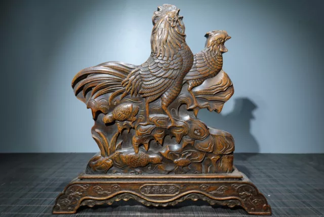 Chinese Vintage Rosewood Wooden Chicken Statue Carved Screen Home Decor Art