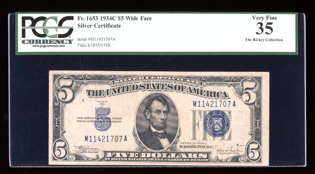 DBR $5 1934-C Silver Fr. 1653W MA Block Wide Face PCGS 35 Serial M11421707A