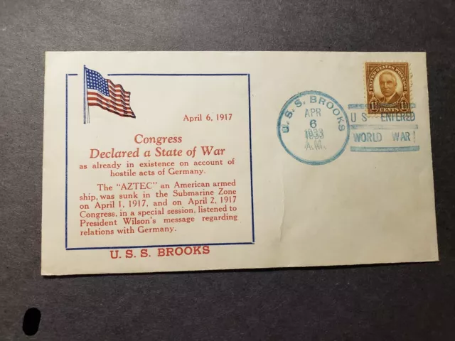 Ship SS AZTEC Naval Cover 1933 WWI SUNK Cachet USS BROOKS