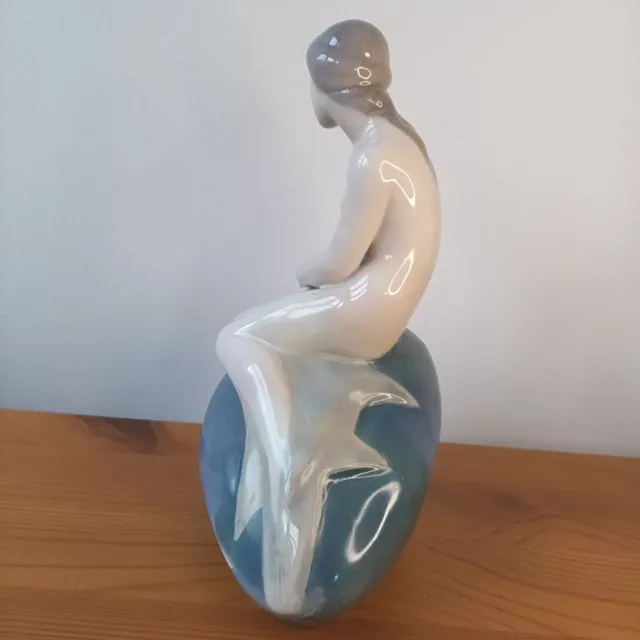Vtg. Royal Copenhagen Porcelain Little Mermaid on Rock Figurine 9in Tall 3