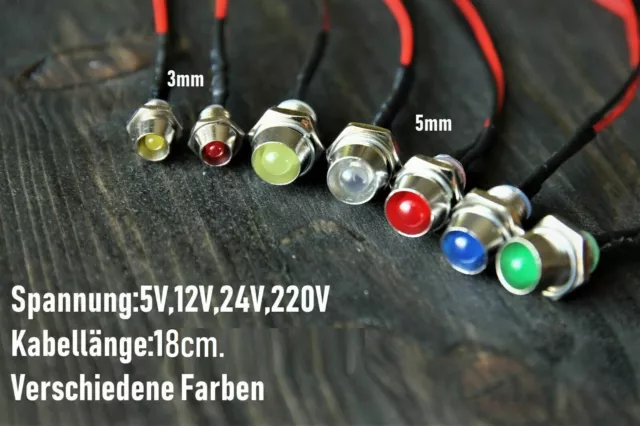 LEDs Led Verkabelt Kontrollleuchte 5V 12V 24V  Metallfassung 3mm 5mm