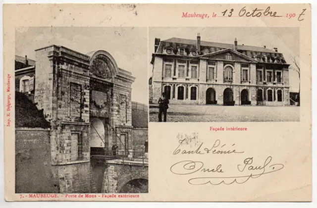 MAUBEUGE Nord CPA 59 carte deux vues porte de Mons et ancienne Mairie