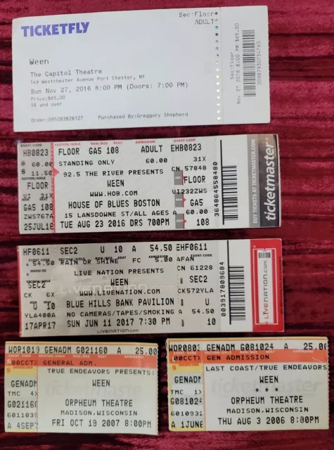 5X USED Concert Ticket Stub LOT ROCK MUSIC WEEN