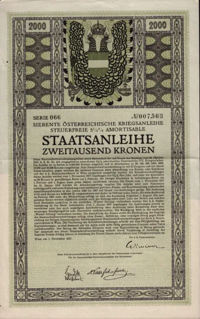 AUSTRIA   State / War Bond 2,000 Crowns  with dividend coupons Vienna dd 1917