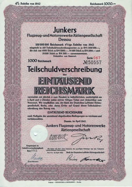 Junkers Flugzeug- u. Motorenwerke AG Dessau, 4% TSchV 1942 Serie 067 (1.000 RM)