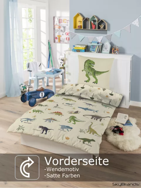 SkyBrands Dino Bettwäsche 135x200 Jungen Kinder Bettwäsche Dinosaurier Baumwolle 3