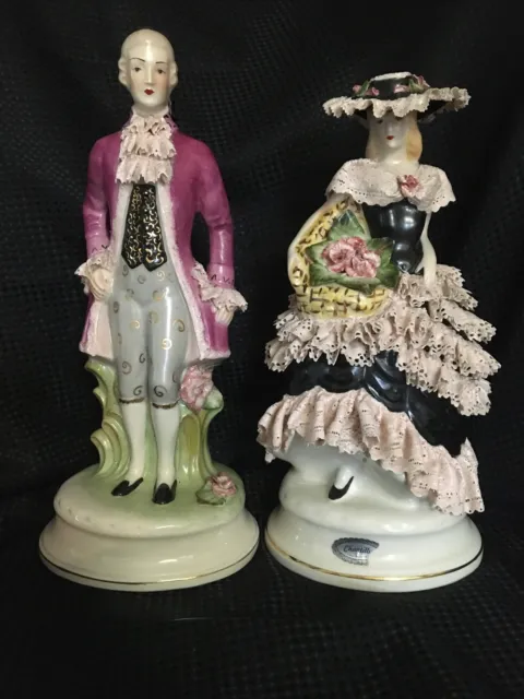 PAIR Large 19THC FRENCH CHANTILLY PORCELAIN BISCUIT PAINTED Lace FIGURES