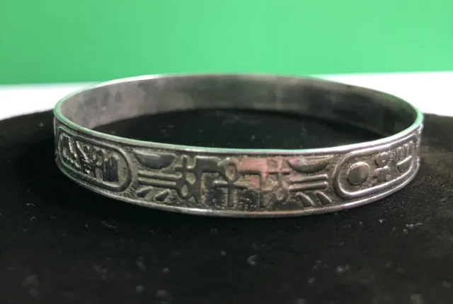 Vtg Mexican Solid Sterling Silver Bangle Bracelet Marked 16+ Grams Hieroglyphs