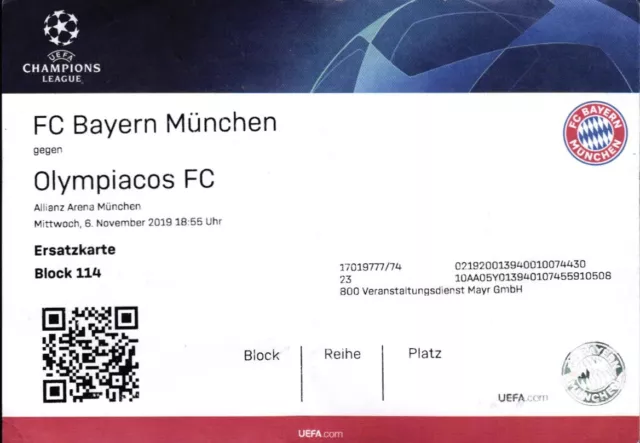 Biglietto Champions League Ec I 2019/00 FC Bayern München - Olympiacos FC Pireo