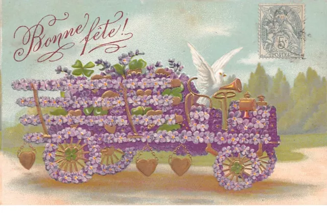 Fantaisie - n°66762 - Bonne Fête - Camion décoré de fleurs - Carte gaufré