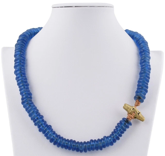 Handmade recycled glass beads brass necklace Krobo Ashanti African trade jewelry