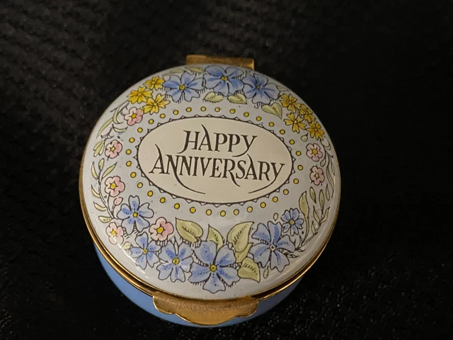 Crummles Enamel Trinket Box ~ "HAPPY ANNIVERSARY BLUE"  ~ England ~ Round 1 3/4"