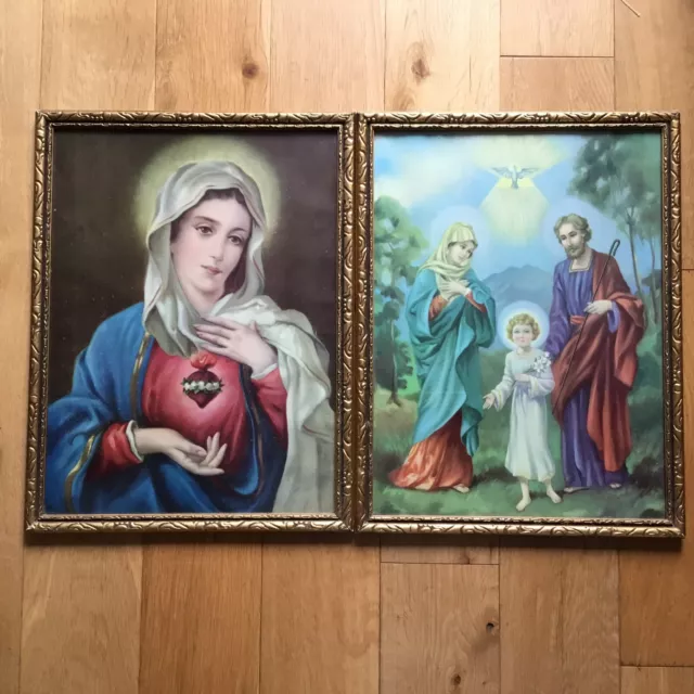Vintage Chromolithograph Religious Prints Holy Family & Immaculate Heart Of Mary