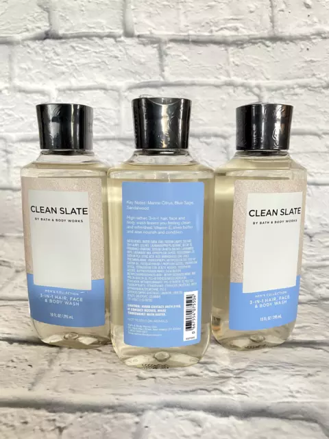 3 Bath & Body Works Clean Slate 3 In 1 Hair Face Wash Shower Gel Shampoo Mens