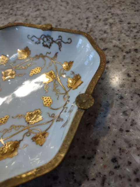 Trinket Box Porcelain Ring Dish 1940s Brass "Button" Wrap Old Hollywood Regency 3