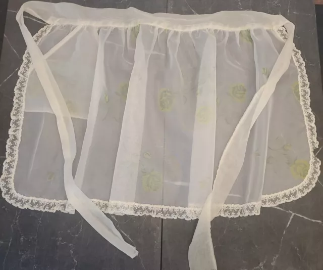 Vintage MCM Half Apron White Chiffon W Pale Yellow Flowers Lace Edge