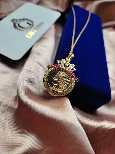 Lab Created Ruby 1915 US Ten Dollar Indian Head Coin Pendant 14k Yellow Gold FN