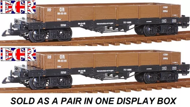 NEW 2, A PAIR GREEN G SCALE 45mm GAUGE FLAT BED TRUCK BROWN FREIGHT GARDEN TRAIN