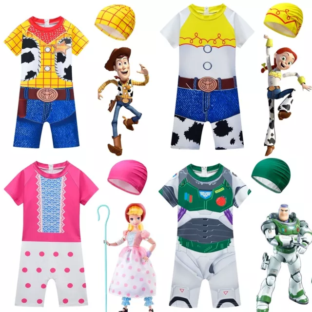 Kids Toy Story Swimsuit Boys Girls One-piece Swimming Suit Bath Surft Cap Set