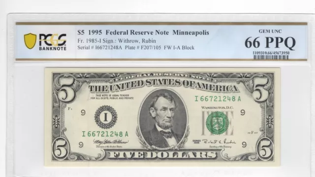 1995 5 Dollar Note Minneapolis PCGS 66 Graded