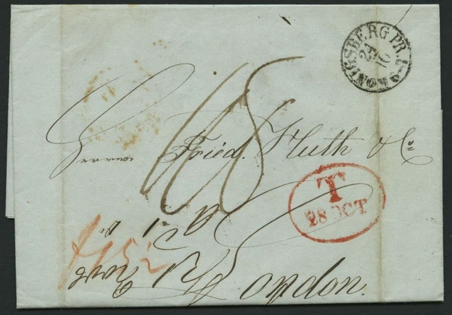 HAMBURG-GRENZÜBERGANGSSTEMPEL 1842, T 28 OCT, in rot auf Brief von Königsberg (K