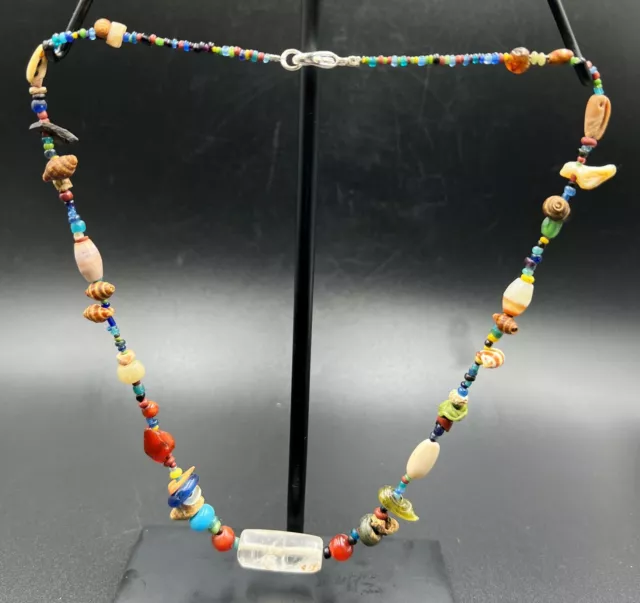 Antique Burmese South East Asian Glass Agate Shell Crystal Old Bead Necklace