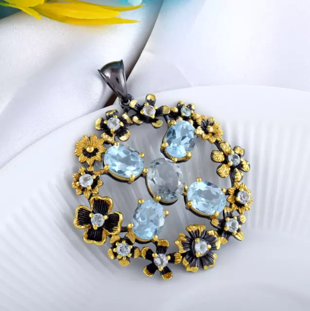 Natural Blue Topaz Gemstone Handmade Floral Charm Round Pendant Birthday Gift