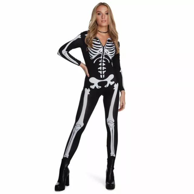 Damen-Overall mit Reißverschluss vorne Skelett Damen Halloween Body Kostüm