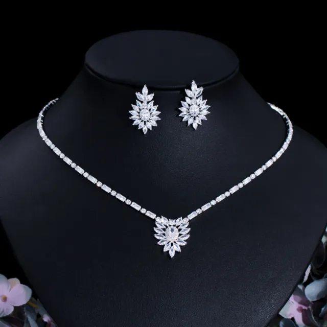 Sparkling White Leaf Flower Drop Necklace Earrings Bridal CZ Wedding Jewelry Set