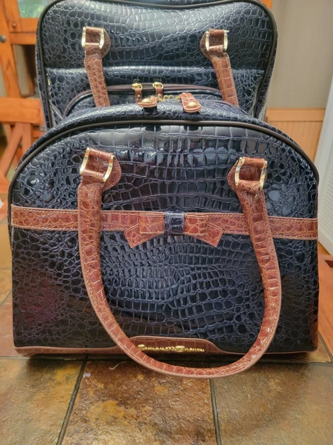 Samantha Brown 2 pc faux croco embossed Navy/brown Bow wheeled. Read below