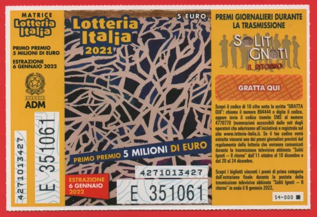 Lotteria Italia 2021 Raro Con Matrice E Gratta E Vinci 000 Tenuto Perfettamente