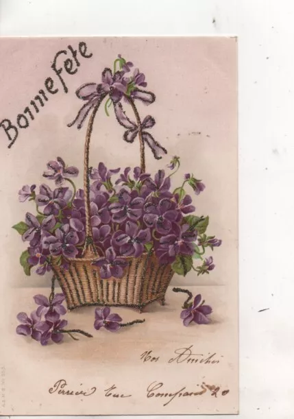 Cpa.Illustrateur non signé.panier de violette.paillettes.Bonne Fête. 1904