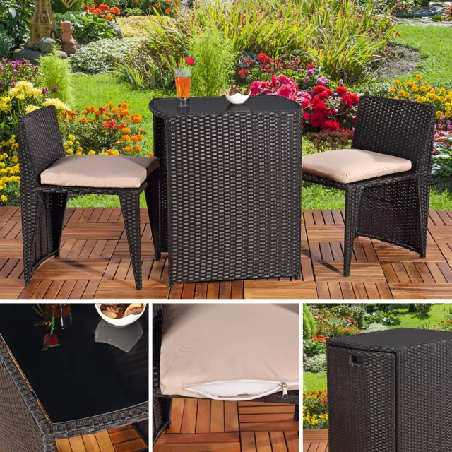 3tlg. Polyrattan Lounge Gartenset Sitzgruppe in Schwarz Tisch mit 2 Stühlen