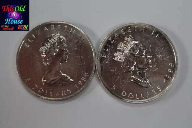 HOJA DE ARCE DE PLATA 5 DÓLARES X2 1988 Y 1999 CANADÁ 1 oz .9999 MONEDA DE PLATA FINA