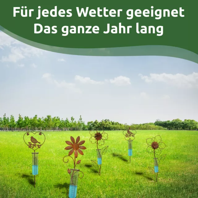 Gartenstecker Regenmesser Blume / Vogel aus Metall Edelrost für Balkon, Garten 2