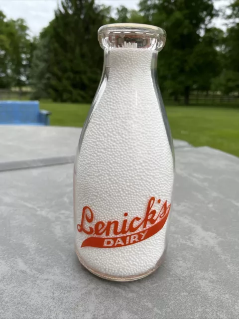 LENICK’S DAIRY LaPort In Ind Indiana MILK BOTTLE War Bonds Qt Org Pyro Nice!