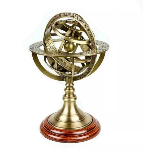 Astrolabe Antique Brass Desktop Globe Sphere Wooden Base Vintage Gift