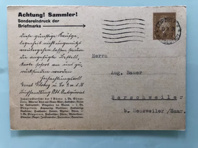 DR Privatganzsache PP108 Ernst Globig Antwortteil 1931 Leipzig nach Berschweiler