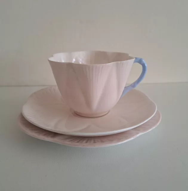 Shelley Dainty Pale Pink With Blue Handle 13618 Cup Saucer Plate Trio Vintage
