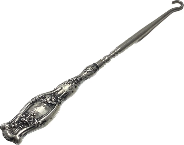 Antique Victorian Sterling Silver Button Hook Signed STERLING Floral Pattern#332