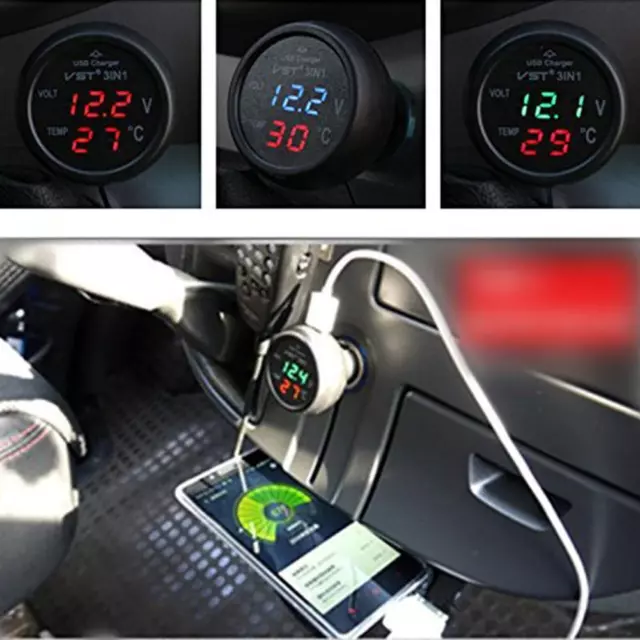 fr 3 in 1 Auto Voltmeter Thermometer 12V/24V Digital LED Car Voltmeter Thermomet