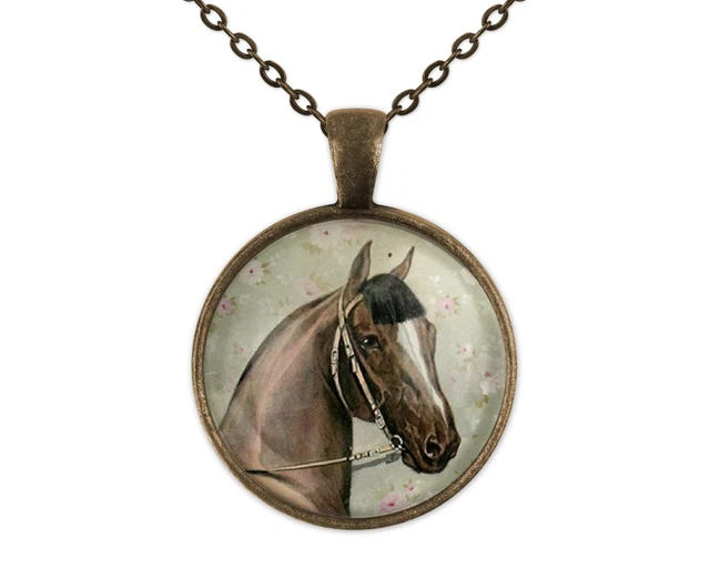 Horse Art Glass Pendant Necklace Bronze New 20 Inch Chain Cowboy Cowgirl Western