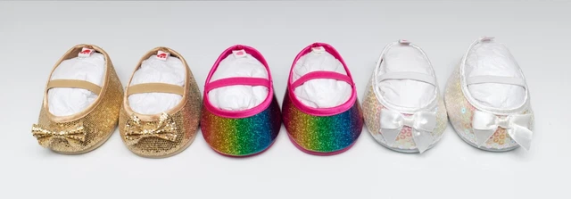 Build a Bear Gold White Rainbow Glitter Sequins Shoes Flats Mary Janes Lot READ